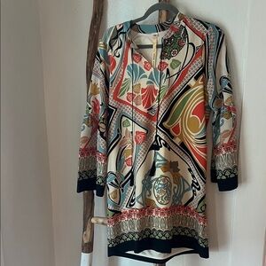Uncle Frank Cream Multi-Color V-Neck Long Bell Sleeve Printed Dress Small Med